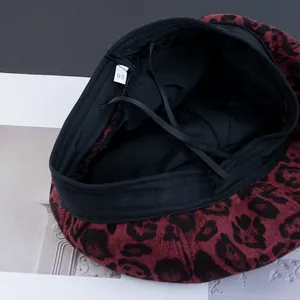 Leopard print beret for women in dark red with inner lining and adjustable drawstring