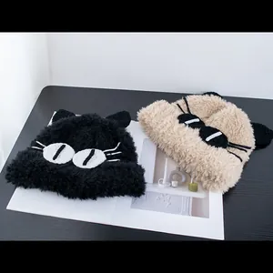 Berretti in maglia peluche con orecchie di gatto neri e beige, caldi cappelli invernali