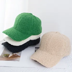 Detail shot of winter sherpa baseball caps in green, beige, black, and white colors