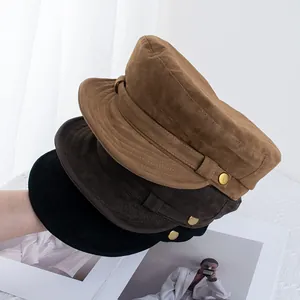Vintage Suede Flat Top Navy Hat For Women Winter Warm Newsboy Cap With Metal Button Retro Artist Hat Casual Baker Boy Hat