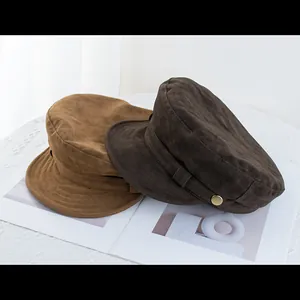 Vintage suede flat top baker boy hats in tan and dark coffee with gold side buttons