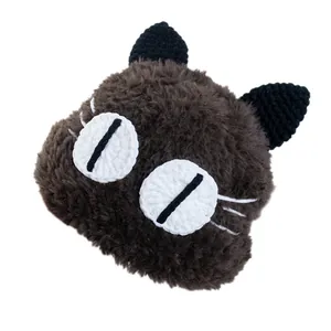 Cappello gatto carino in peluche marrone con orecchie 3D e grandi occhi per l'inverno