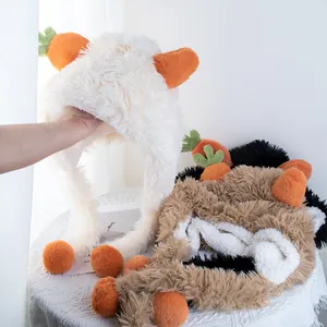 Bonnet à Rabats en Peluche Carotte Mignon Femme Hiver Chaud Lei Feng Avec Pompons Dessin Animé Kawaii Extérieur Coupe-vent