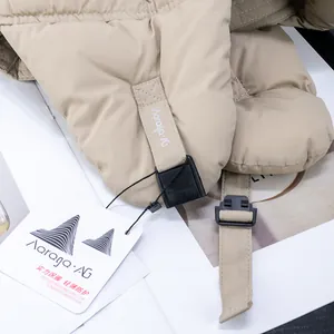 Beige down aviator hat with adjustable brand strap and warm windproof padding
