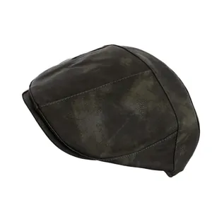 Vintage dark brown PU leather flat cap with distressed texture and classic stitching