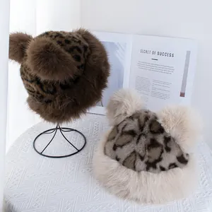 Plush faux fur leopard print hats with cute ears in brown and beige tones for winter