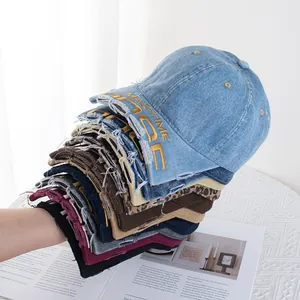 Casquette de Baseball en Coton Lavé Vintage Distressed Avec Broderie de Lettres Bord Effiloché Chapeau Streetwear Hip Hop Réglable
