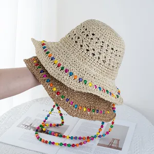 Boheemse Dames Strohoed Gekleurde Houten Kralen Brede Rand Opvouwbare Gehaakte Vissershoed Voor Strand Zomervakantie