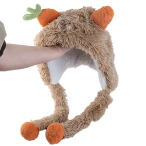 Bonnet en peluche marron avec motif carotte et doublure chaude en fausse fourrure
