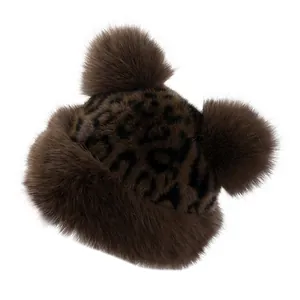 Winter faux fur leopard print hat with double pom poms and thick plush ear warmers