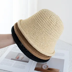 Women Breathable Hollow Out Knitted Bucket Hat Fashion Rolled Edge Sun Protection Round Top Basin Hat Casual Shading Cap