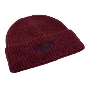 Burgundy wool knit beanie for women featuring New York 1986 letter embroidery