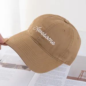 Close-up of Awesome embroidery on khaki baseball cap with premium stitching detail