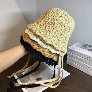 Cappello da Pescatore da Donna Tessuto a Mano Uncinetto Traforato Con Cinturino Misto Cotone Parasole Spiaggia Moda Casual
