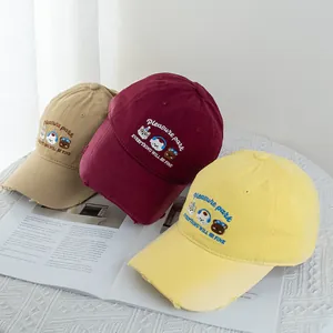 Japanese style animal embroidery baseball cap with distressed brim and cute cartoon characters