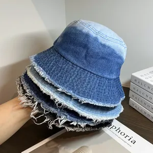 Chapeau Bob en Denim à Bords Effilochés pour Femmes Vintage Délavé Dégradé Pare-Soleil Style de Rue Décontracté