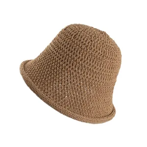 Elegant khaki crochet bucket hat with breathable hollow knit and rolled brim for women