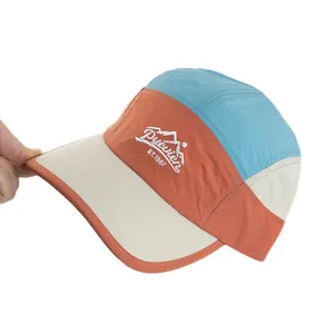 Quick-dry outdoor five-panel camping cap with tricolor patchwork and mountain embroidery