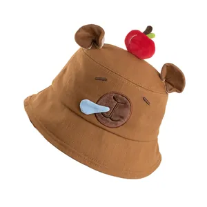 Süßer Capybara Fischerhut aus Baumwolle mit 3D-Ohren und Apfel-Detail für Damen