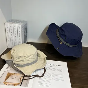 Outdoor wide brim sun hat for women in beige and navy quick-dry fabric with chin strap
