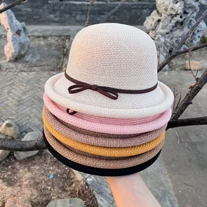 Women Elegant Cotton Polyester Breathable Sun Hat With Chic Bowknot Round Top Rolled Edge Bucket Hat For Summer Travel Beach