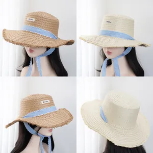 Elegant Women Paper Straw Sun Hat Large Brim Raw Edge Beach Hat With Gingham Ribbon Tie Bow Vacation Sunshade Summer