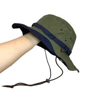 Army green quick-dry sun hat with wide brim, chin strap and breathable holes for hiking