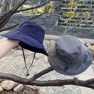 Wide brim sun hat with adjustable wind cord in navy and grey for outdoor UV protection