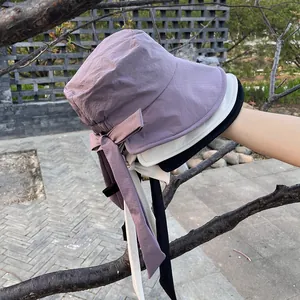 Women Wide Brim Sunscreen Bucket Hat With Long Bow Tie Ribbon Streamers Lightweight Foldable Sun Hat For Summer Beach Outdoor Fashion Polyester