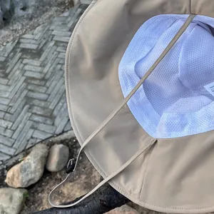 Outdoor wide brim khaki sun hat with breathable mesh lining and adjustable chin strap