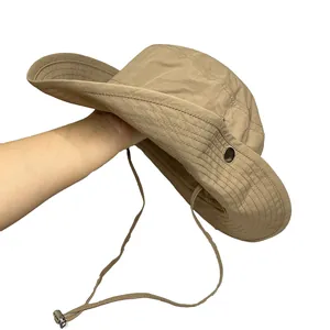 Quick-dry khaki hiking hat with wide brim and adjustable drawstring for sun protection