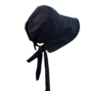 Women's black wide-brim sun hat with adjustable back ribbon bow and lightweight fabric