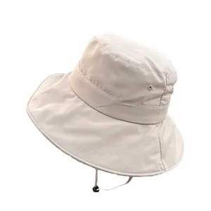 Beige wide brim fisherman sun hat with adjustable wind rope and breathable eyelets