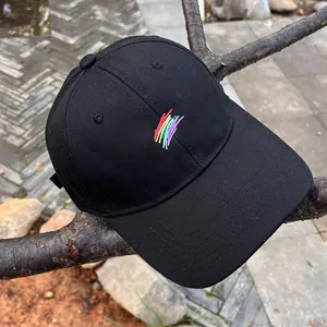 Detalle de gorra de algodón negro con bordado de arcoíris sobre una rama de árbol