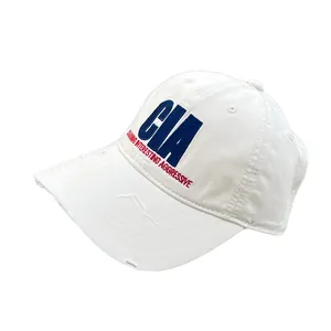Retro distressed baseball cap in cream with CIA embroidery and worn brim detail