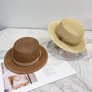 Chapeau de paille rétro français à bord plat avec garniture de corde pour la plage
