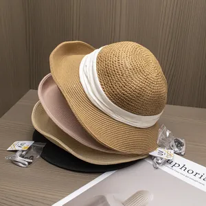 Chapeaux de soleil en paille anti-UV pour femmes avec ruban et bord large pour les vacances