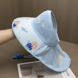 Detail of light blue sun hat with breathable mesh top, cartoon bear, and neck protector