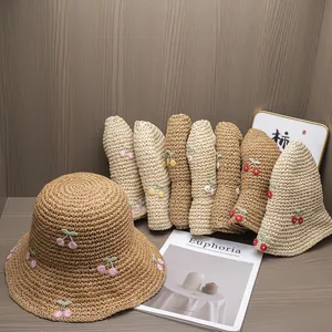 Women Crochet Paper Straw Bucket Hat Cherry Embroidery Summer Sun Hat Beach Vacation Foldable Breathable Fisherman Hat