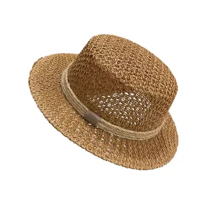 Chapeau de paille rétro à dessus plat avec tissage ajouré et corde de jute pour plage