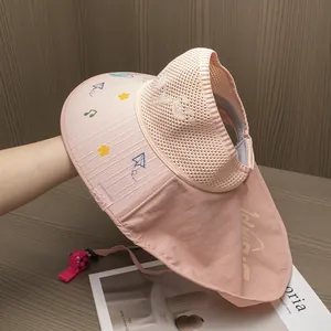 Detail of pink kids sun hat featuring a wide brim with colorful patterns and neck flap