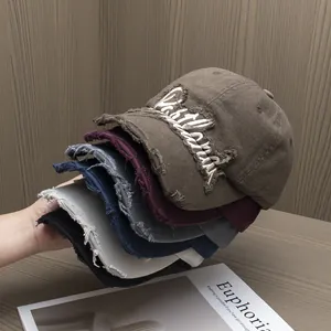 Cappellino da Baseball in Cotone Retrò Distressed Donna Ricamo Lettere Portland Bordo Sfrangiato Cappello Sole Regolabile