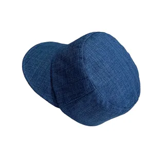 Japanese retro navy blue linen-textured newsboy cap for women with woven fabric detail