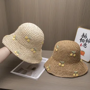 Summer handmade straw bucket hat with 3D cherry decoration for beach travel vacations