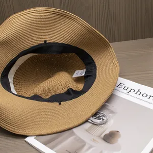 Chapeau de soleil élégant en paille tressée de style japonais avec ruban gris pour femme