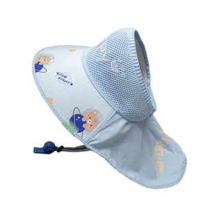 Kids light blue sun hat with neck protection, wide brim and cute cartoon bear pattern