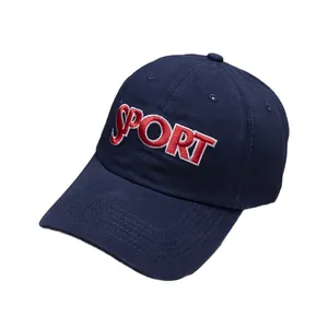 Navy blue cotton baseball cap with red and white SPORT embroidery in a 3/4 view