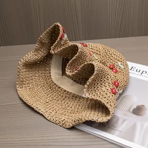 Handmade straw sun hat with cherry embroidery for summer beach travel and vacation