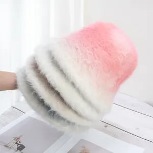 Women Gradient Color Plush Bucket Hat Warm Rabbit Fur Blend Winter Fisherman Hat Soft Faux Fur Basin Hat Adjustable
