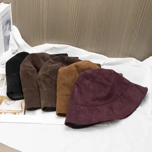 Retro suede bucket hats for women in five assorted vintage colors with stitching detail